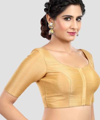 Golden grace: ethnic round neck elbow sleeves readymade saree blouse 3