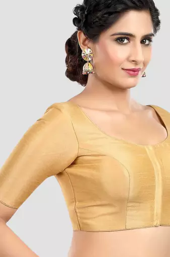 Golden grace: ethnic round neck elbow sleeves readymade saree blouse