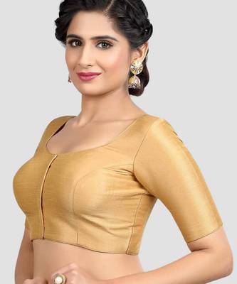 Golden grace: ethnic round neck elbow sleeves readymade saree blouse 4
