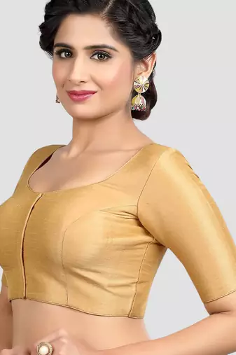 Golden grace: ethnic round neck elbow sleeves readymade saree blouse