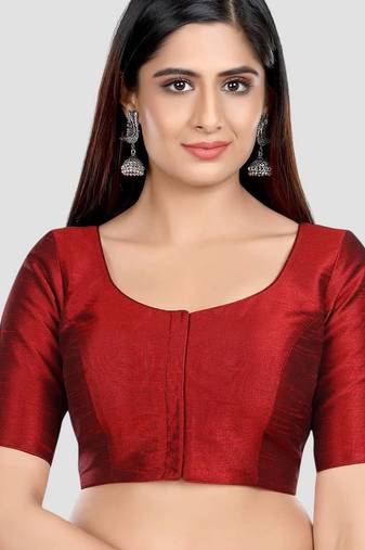 Maroon kora silk elbow sleeves round neck padded readymade saree blouse