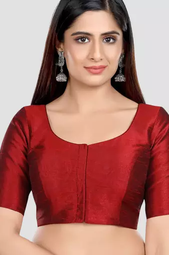 Maroon kora silk elbow sleeves round neck padded readymade saree blouse