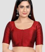 Maroon kora silk elbow sleeves round neck padded readymade saree blouse