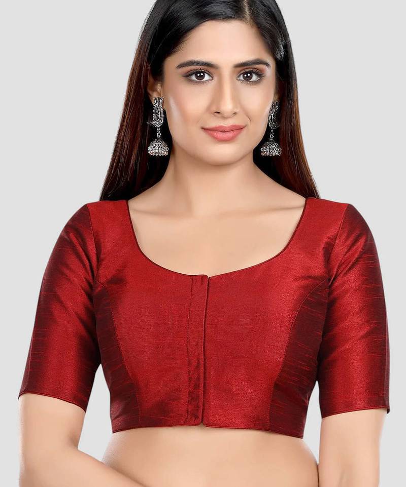 Maroon kora silk elbow sleeves round neck padded readymade saree blouse