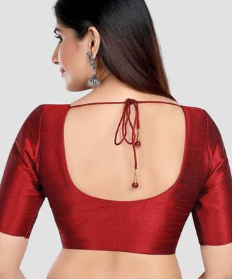Maroon kora silk elbow sleeves round neck padded readymade saree blouse 2