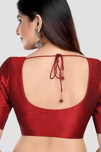 Maroon kora silk elbow sleeves round neck padded readymade saree blouse