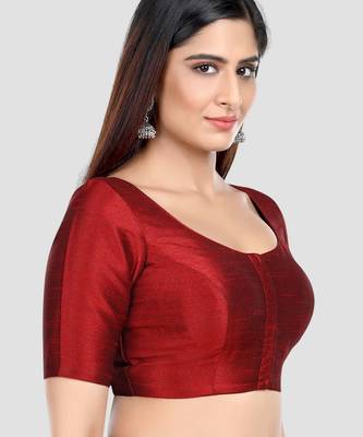 Maroon kora silk elbow sleeves round neck padded readymade saree blouse 3