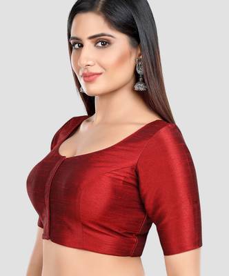 Maroon kora silk elbow sleeves round neck padded readymade saree blouse 4