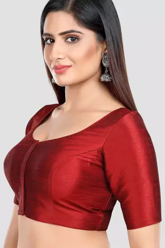 Maroon kora silk elbow sleeves round neck padded readymade saree blouse