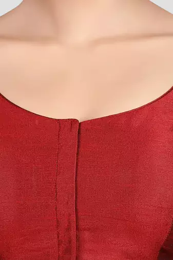 Maroon kora silk elbow sleeves round neck padded readymade saree blouse