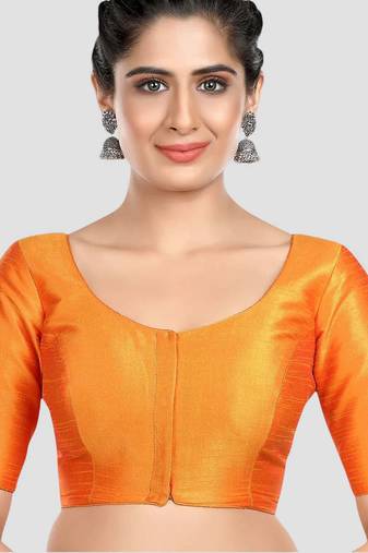 Mustard kora silk elbow sleeves round neck padded readymade saree blouse
