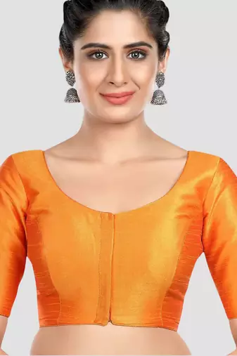 Mustard kora silk elbow sleeves round neck padded readymade saree blouse