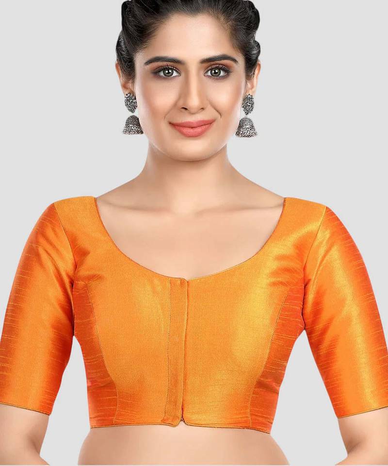 Mustard kora silk elbow sleeves round neck padded readymade saree blouse