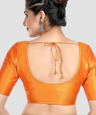 Mustard kora silk elbow sleeves round neck padded readymade saree blouse 2