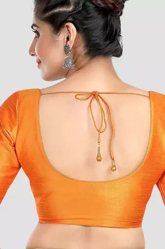 Mustard kora silk elbow sleeves round neck padded readymade saree blouse