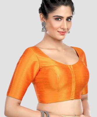 Mustard kora silk elbow sleeves round neck padded readymade saree blouse 3