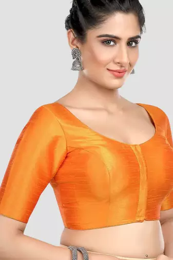 Mustard kora silk elbow sleeves round neck padded readymade saree blouse