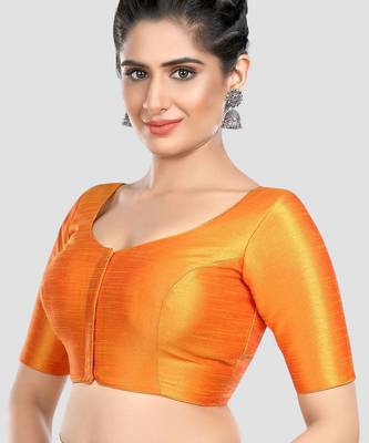 Mustard kora silk elbow sleeves round neck padded readymade saree blouse 4