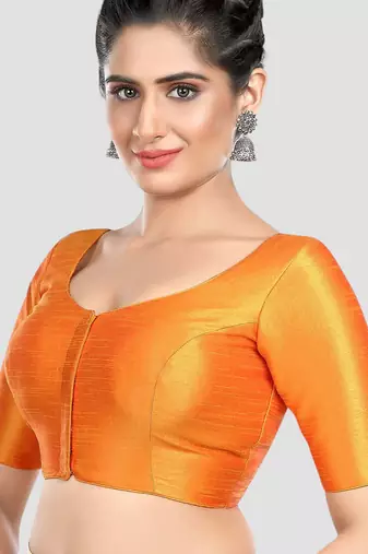 Mustard kora silk elbow sleeves round neck padded readymade saree blouse