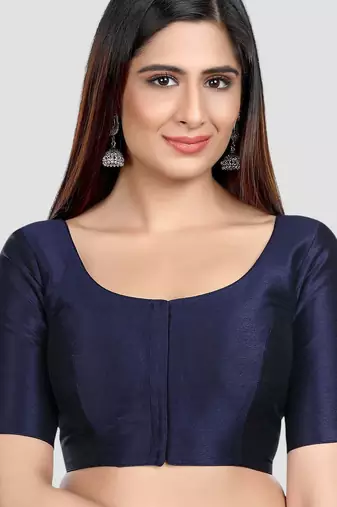 Navy blue kora silk elbow sleeves round neck padded readymade saree blouse