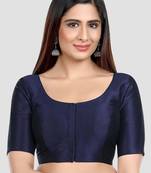 Navy blue kora silk elbow sleeves round neck padded readymade saree blouse