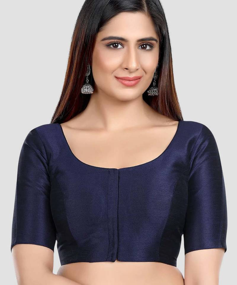 Navy blue kora silk elbow sleeves round neck padded readymade saree blouse