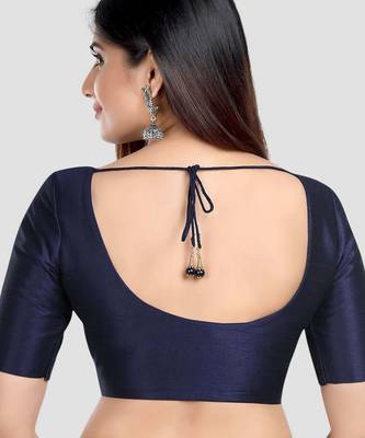 Navy blue kora silk elbow sleeves round neck padded readymade saree blouse 2