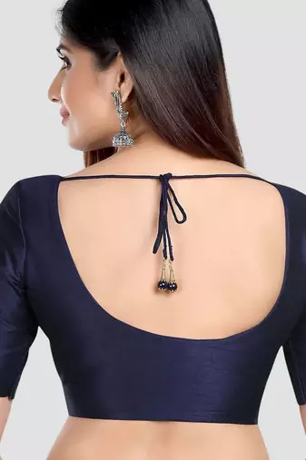 Navy blue kora silk elbow sleeves round neck padded readymade saree blouse