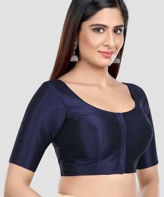Navy blue kora silk elbow sleeves round neck padded readymade saree blouse 3