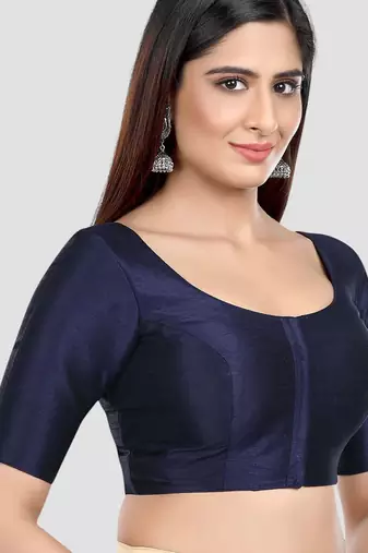 Navy blue kora silk elbow sleeves round neck padded readymade saree blouse