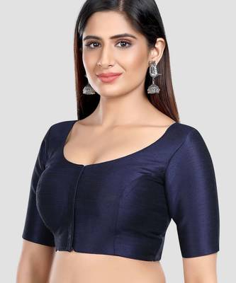 Navy blue kora silk elbow sleeves round neck padded readymade saree blouse 4