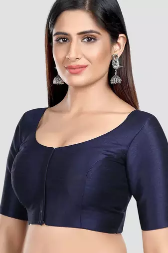 Navy blue kora silk elbow sleeves round neck padded readymade saree blouse