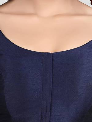 Navy blue kora silk elbow sleeves round neck padded readymade saree blouse 5