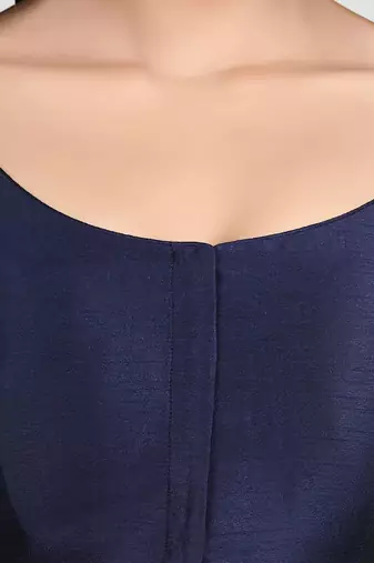 Navy blue kora silk elbow sleeves round neck padded readymade saree blouse