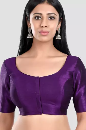 Purple kora silk elbow sleeves round neck padded readymade saree blouse