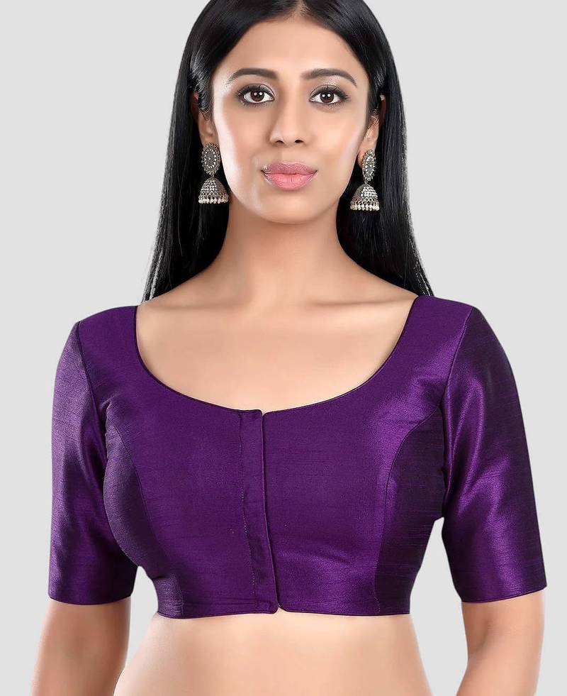 Purple kora silk elbow sleeves round neck padded readymade saree blouse
