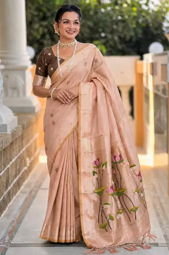 soft pure muga cotton  saree with meenakari  weaving  motifs and contrast blouse