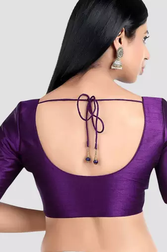 Purple kora silk elbow sleeves round neck padded readymade saree blouse