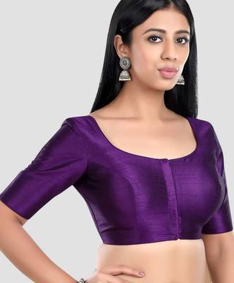 Purple kora silk elbow sleeves round neck padded readymade saree blouse 3