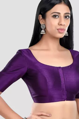 Purple kora silk elbow sleeves round neck padded readymade saree blouse