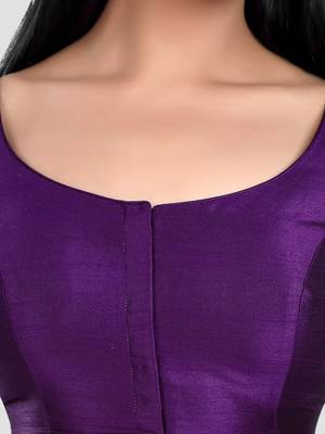 Purple kora silk elbow sleeves round neck padded readymade saree blouse 5