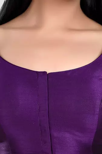 Purple kora silk elbow sleeves round neck padded readymade saree blouse
