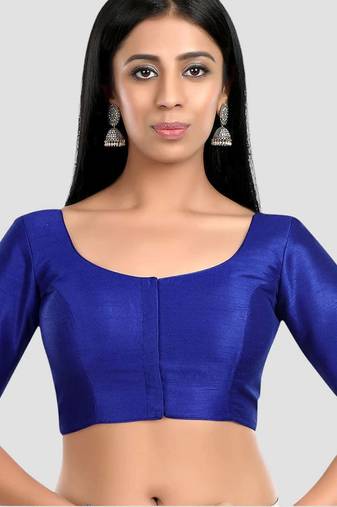 Royal blue kora silk elbow sleeves round neck padded readymade saree blouse