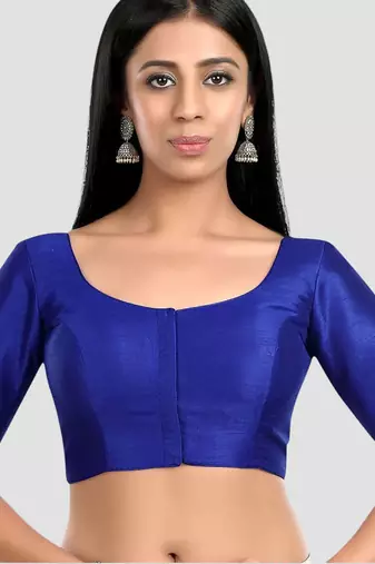 Royal blue kora silk elbow sleeves round neck padded readymade saree blouse