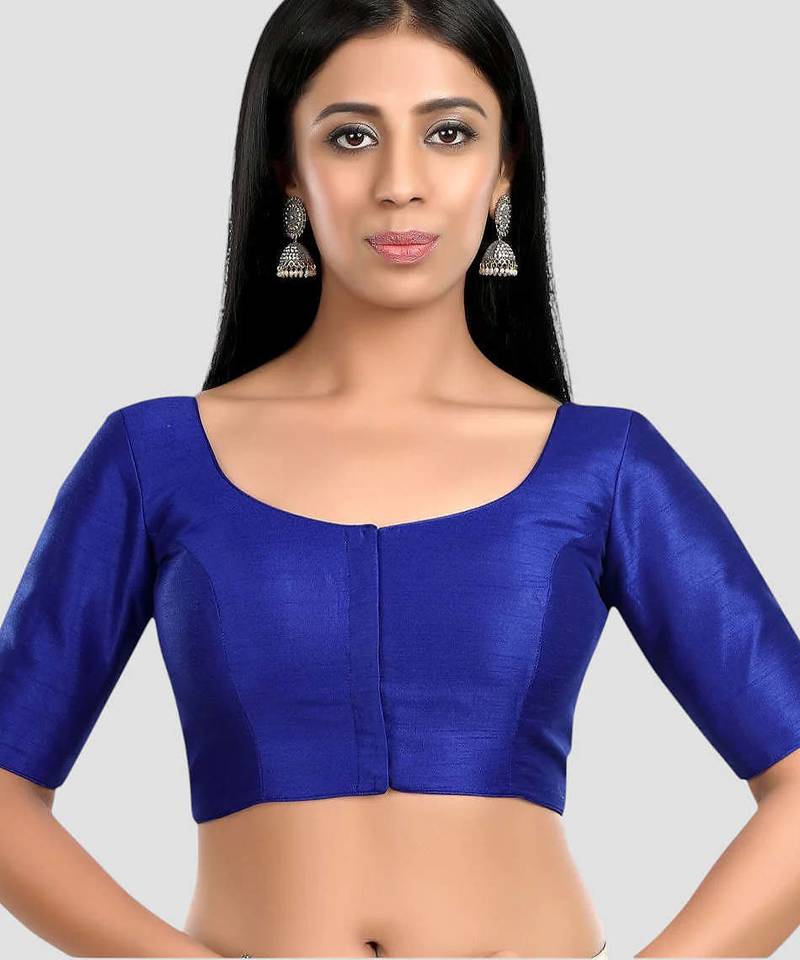 Royal blue kora silk elbow sleeves round neck padded readymade saree blouse