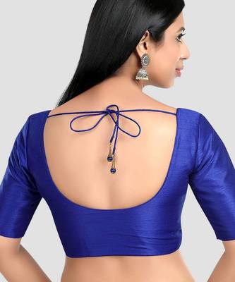 Royal blue kora silk elbow sleeves round neck padded readymade saree blouse 2