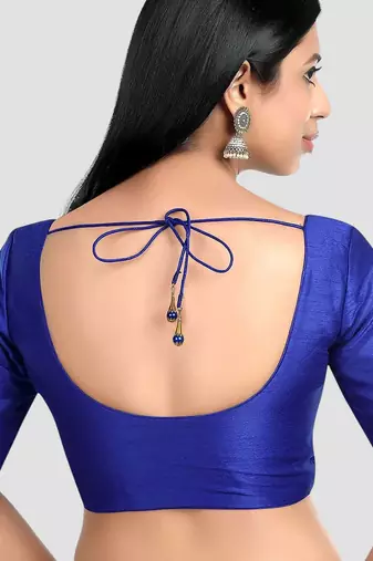 Royal blue kora silk elbow sleeves round neck padded readymade saree blouse