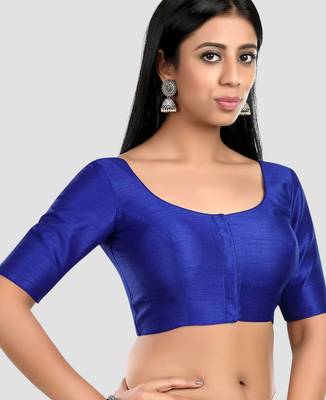 Royal blue kora silk elbow sleeves round neck padded readymade saree blouse 3