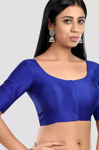 Royal blue kora silk elbow sleeves round neck padded readymade saree blouse