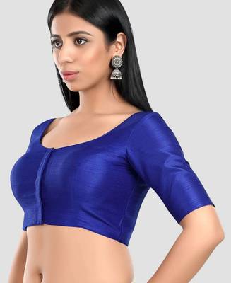Royal blue kora silk elbow sleeves round neck padded readymade saree blouse 4